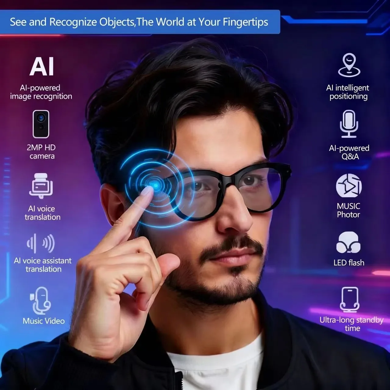 Audio Music To Video Ai - AI搭載メンズサングラス、リアルタイム翻訳スマートグラスカメラ、Bluetooth通話機能、音声・ビデオ・音楽プレーヤー付き